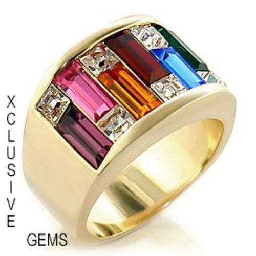* R35 POSTAGE* YELLOW GOLD PLATED MULTI COLOURED SIMULATED DIAMOND LADIES RING