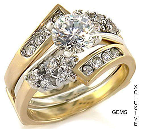 * R35 POSTAGE* 18K YELLOW GOLD PLATED SIMULATED DIAMOND WEDDING RING SET