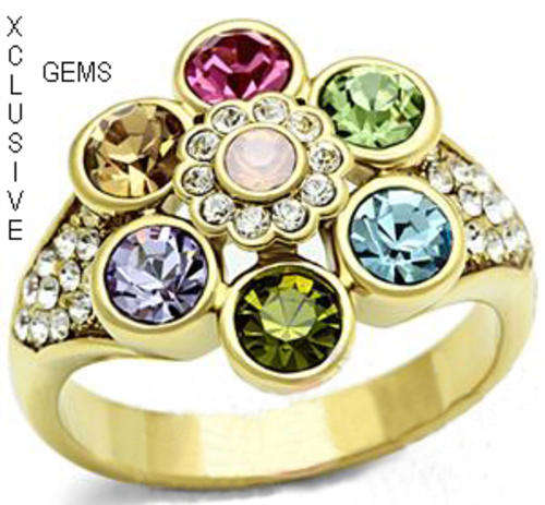 * R35 POSTAGE* YELLOW GOLD PLATED MULTI COLOURED SIMULATED DIAMOND LADIES RING