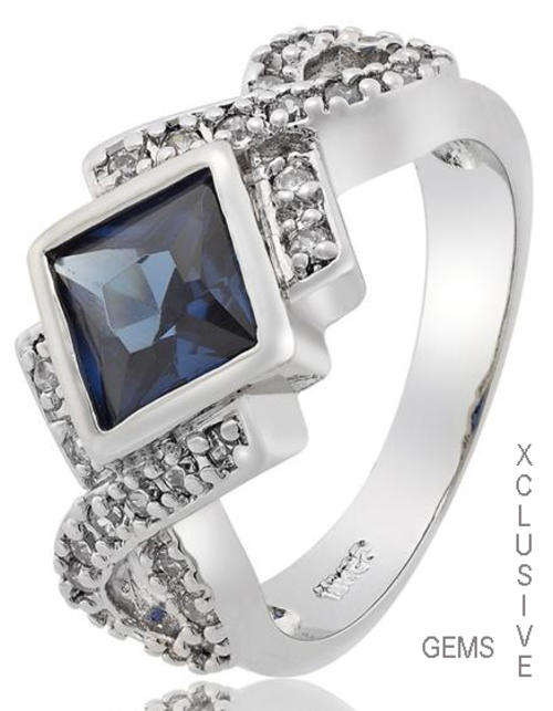 * R35 POSTAGE* 18K WHITE GOLD PLATED SIMULATED SAPPHIRE LADIES RING