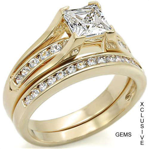 18K GOLD PLATED SIMULATED DIAMOND WEDDING RING SET