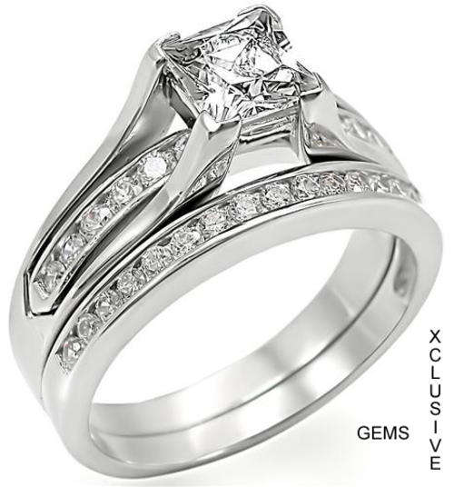 *SIMULATED DIAMOND 18K WHITE GOLD PLATED WEDDING RING SET