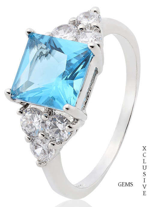 * FREE EARRINGS* 18K WHITE GOLD PLATED SIMULATED BLUE TOPAZ LADIES RING