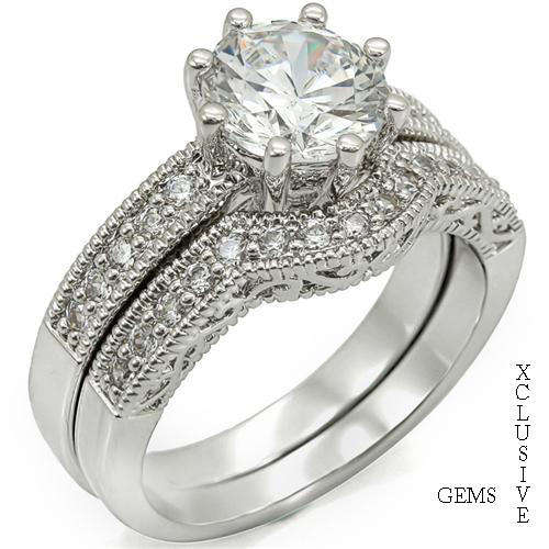 18K WHITE GOLD PLATED SIMULATED DIAMOND WEDDING RING SET