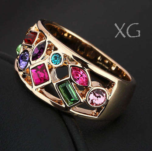 * R35 POSTAGE* YELLOW GOLD PLATED MULTI COLOURED SIMULATED DIAMOND LADIES RING