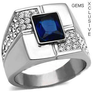 **STAINLESS STEEL SIMULATED SAPPHIRE MEN'S RING