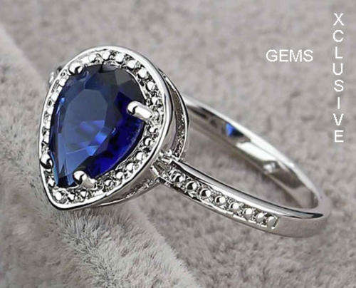 * BEAUTIFUL* 18K WHITE GOLD PLATED SIMULATED SAPPHIRE LADIES RING