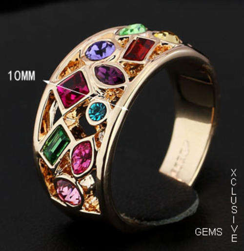 * R35 POSTAGE* YELLOW GOLD PLATED MULTI COLOURED SIMULATED DIAMOND LADIES RING