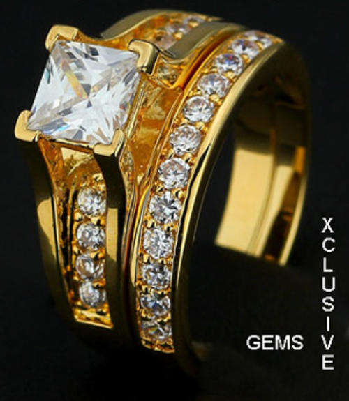 * R35 POSTAGE* 18K YELLOW GOLD PLATED SIMULATED DIAMOND WEDDING RING SET