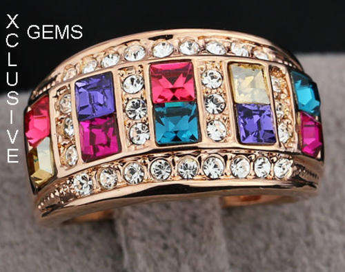 * R35 POSTAGE* ROSE GOLD PLATED MULTI COLOURED SIMULATED DIAMOND LADIES RING
