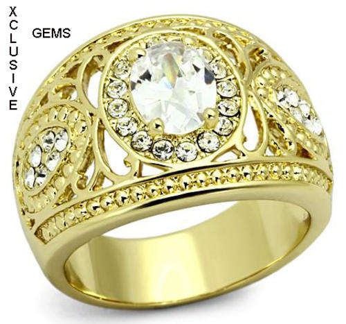 ** GORGEOUS STAINLESS STEEL 18K GOLD PLATED SIMULATED DIAMOND RING