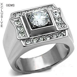 ** STAINLESS STEEL SIMULATED DIAMOND MEN'S RING