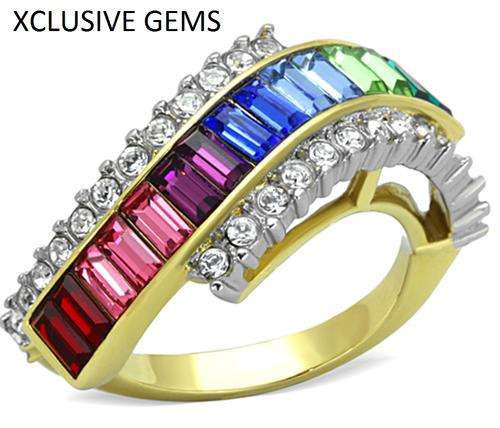 * R35 POSTAGE* YELLOW GOLD PLATED MULTI COLOURED SIMULATED DIAMOND LADIES RING