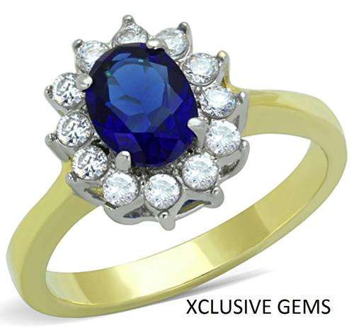 * BEAUTIFUL* 18K YELLOW GOLD PLATED OVER STAINLESS STEEL SIMULATED SAPPHIRE LADIES RING