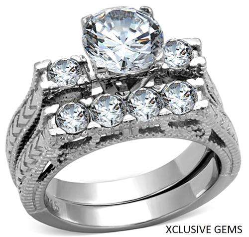 *SIMULATED DIAMOND SOLID STAINLESS STEEL WEDDING RING SET