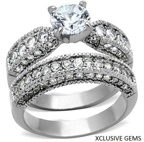 *SIMULATED DIAMOND SOLID STAINLESS STEEL WEDDING RING SET