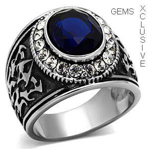 SOLID STAINLESS STEEL SIMULATED SAPPHIRE MEN'S RING