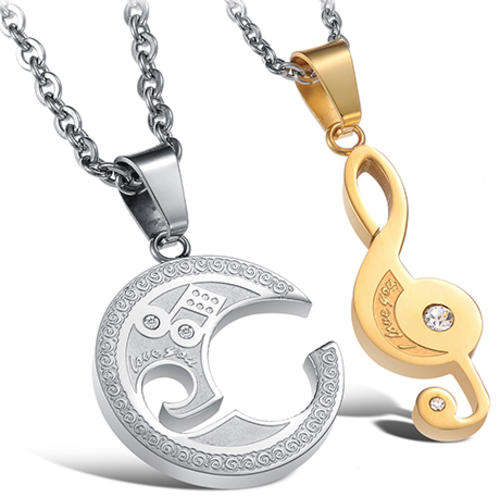 TWO TITANIUM STEEL SIMULATED DIAMOND NECKLACES FOR COUPLES
