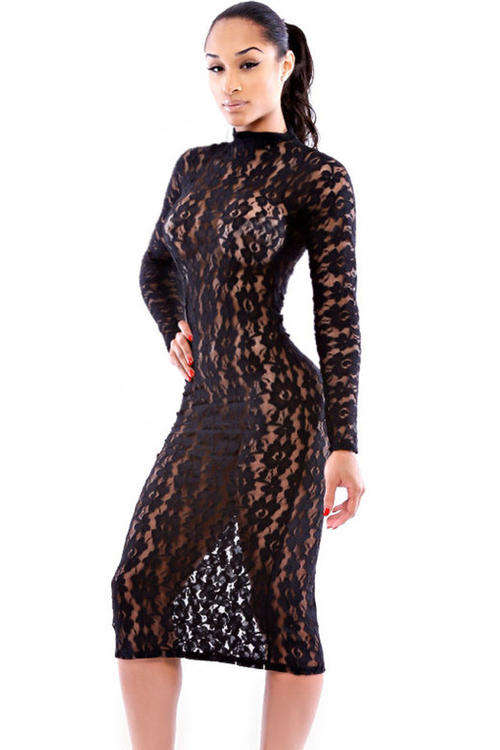 SEXY BLACK SHEER LACE DRESS (UNLINED)
