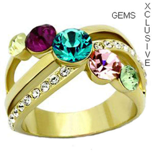 YELLOW GOLD PLATED MULTI COLOURED SIMULATED DIAMOND LADIES RING