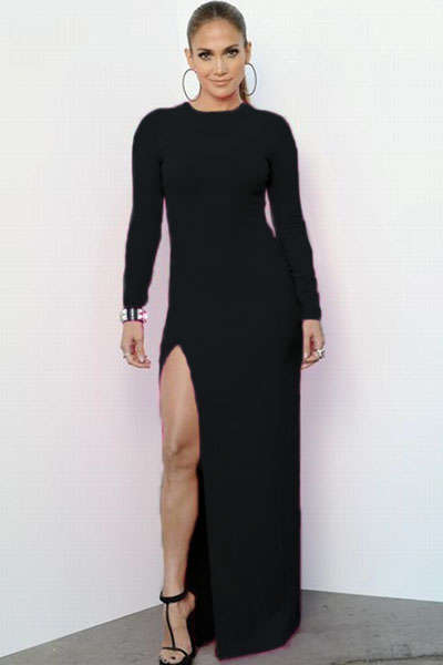 SEXY SIDE SLIT LONG SLEEVE MAXI DRESS