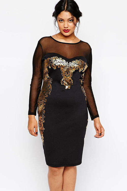 **PLUS SIZE** GLAMOROUS GOLD PRINT MESH INSERT DRESS