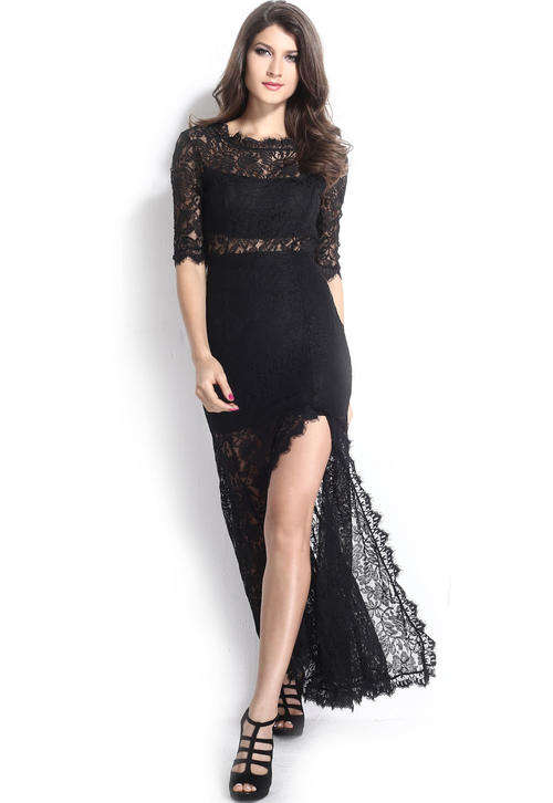 LOVELY LACE OVER SIDE SLIT MAXI DRESS