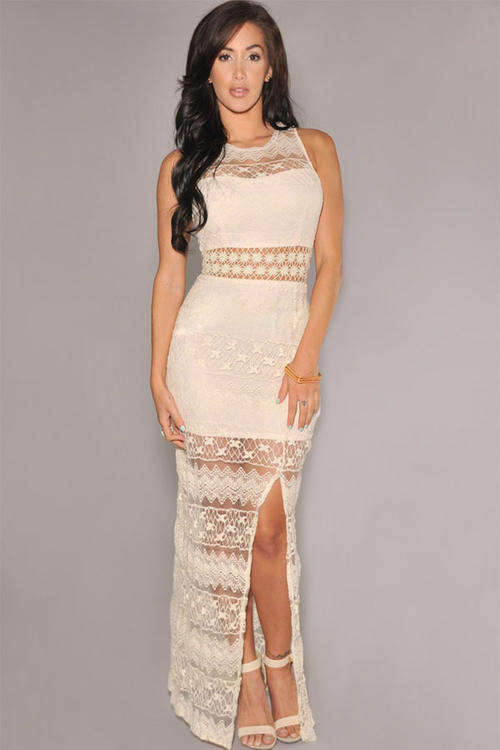 LOVELY CREAM CROCHET LACE ACCENT EVENING DRESS