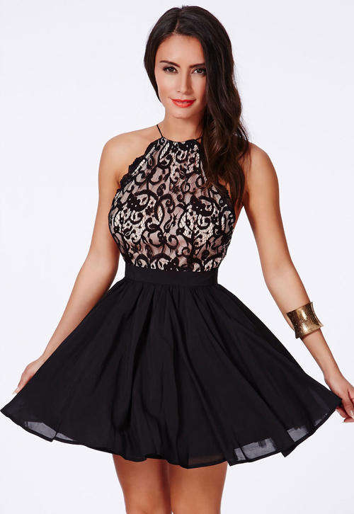 BEAUTIFUL BLACK LACE DETAIL SKATER DRESS