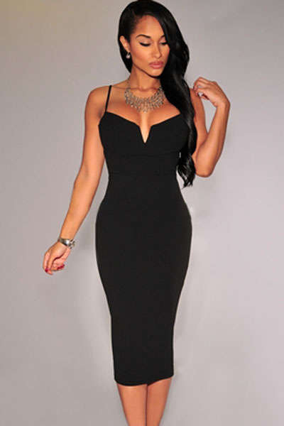 ELEGANT THIN STRAP V NECK MIDI DRESS