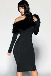 FANCY FUR NECKLINE MIDI DRESS