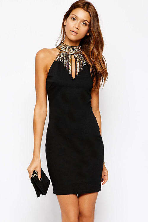 GORGEOUS GOLD NECK DETAIL MINI DRESS