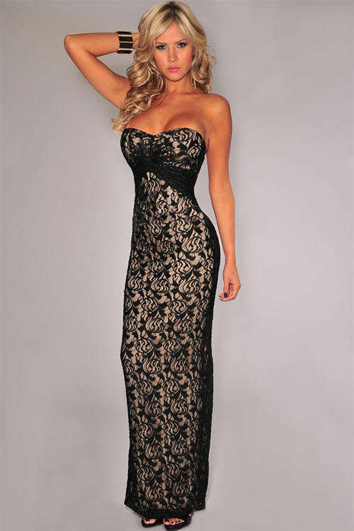 EXQUISITE STRAPLESS BLACK LACE EVENING DRESS