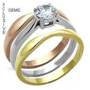 BEAUTIFUL 18K YELLOW, WHITE AND ROSE GOLD PLATED SIMULATED DIAMOND WEDDING RING SET