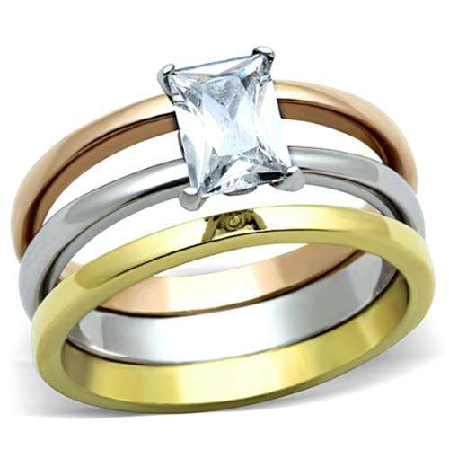 BEAUTIFUL 18K YELLOW, WHITE AND ROSE GOLD PLATED SIMULATED DIAMOND WEDDING RING SET