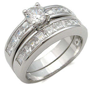 BEAUTIFUL 18K WHITE GOLD PLATED SIMULATED DIAMOND WEDDING RING SET