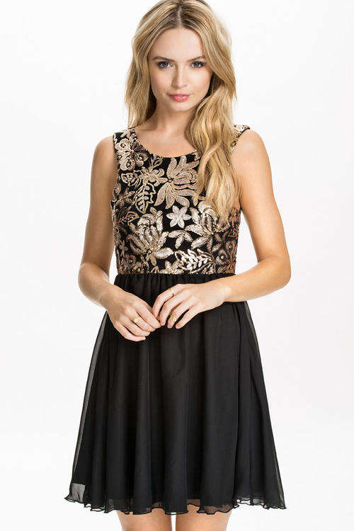 GORGEOUS GOLD SEQUIN FLORAL DESIGN SKATER DRESS