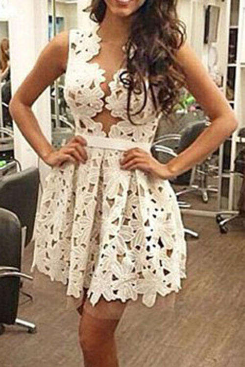 TRENDY HOLLOWED OUT LACE SKATER DRESS