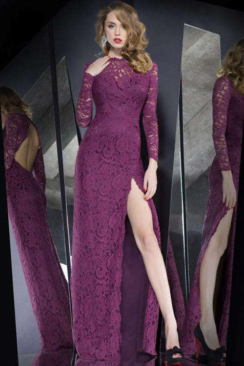 LUXURIOUS LACE OVERLAY HIGH SLIT MAXI DRESS