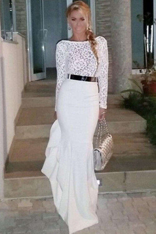 WONDERFUL WHITE UPPER LACE DETAIL EVENING DRESS