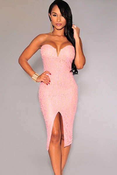 PRETTY PINK LACE STRAPLESS EVENING DRESS