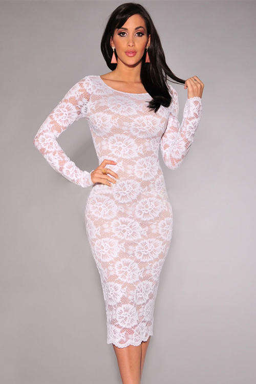 LUSCIOUS LACE LONG SLEEVE NUDE ILLUSION MIDI DRESS