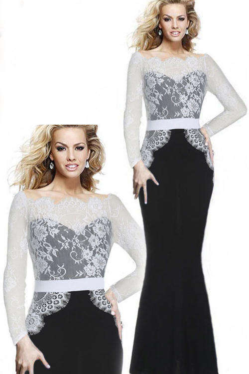 STUNNING CONTRAST LACE DETAIL EVENING DRESS