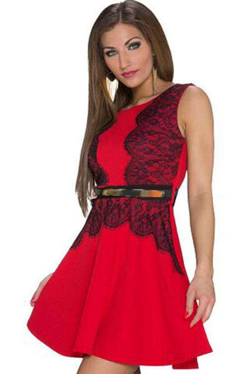 ELEGANT EYELASH LACE TRIM BELTED SKATER DRESS