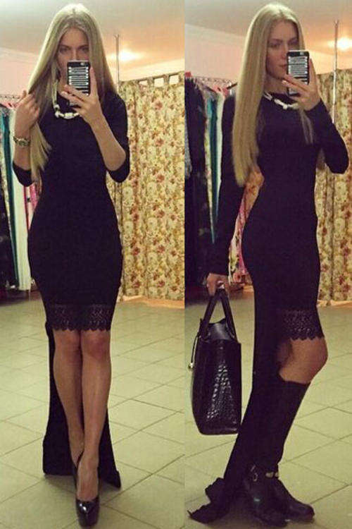 LOVELY LONG SLEEVE HIGH LOW EVENING DRESS