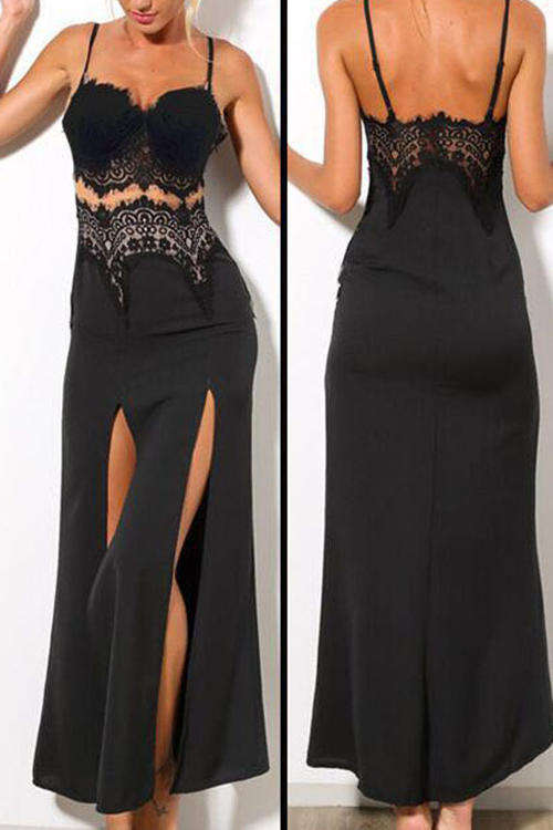 DELIGHTFUL DOUBLE SLIT UPPER LACE DETAIL MAXI DRESS