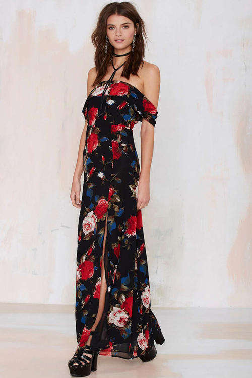 STUNNING ROSE PRINT DROP SHOULDER MAXI DRESS