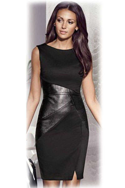 LOVELY LEATHER LOOK DETAIL BLACK MIDI DRESS