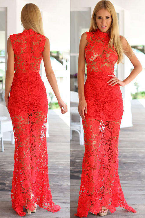 GLAMOROUS HOLLOW OUT RED LACE MAXI DRESS