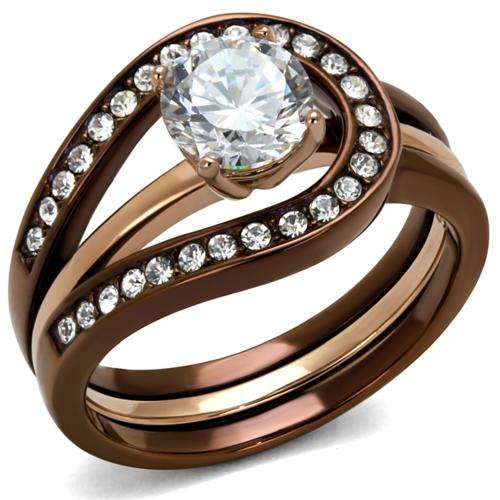 BEAUTIFUL SIMULATED DIAMOND BROWN STAINLESS STEEL AND 18K YELLOW GOLD PLATED WEDDING RING SET